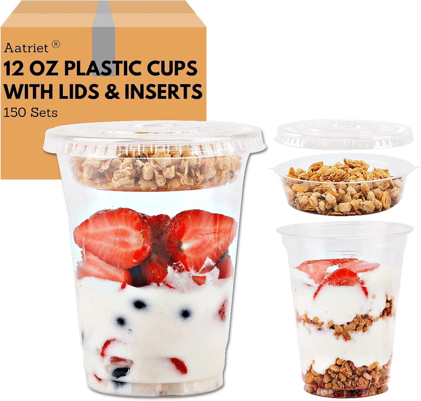 12 oz Clear Plastic Parfait Cups for Kids with Lids and Inserts