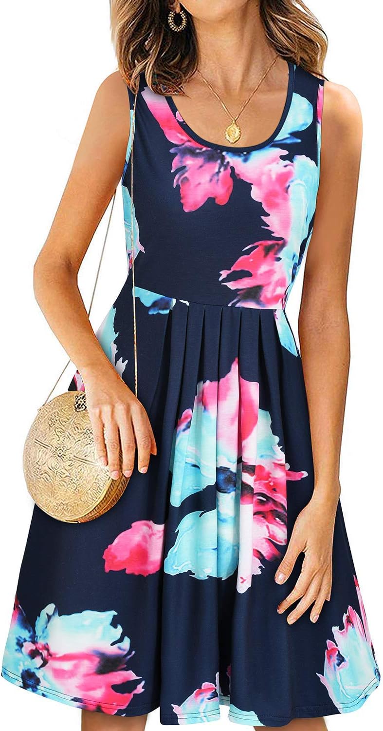 KILIG Womens Summer Dresses Casual Pleated Floral A-line Tank