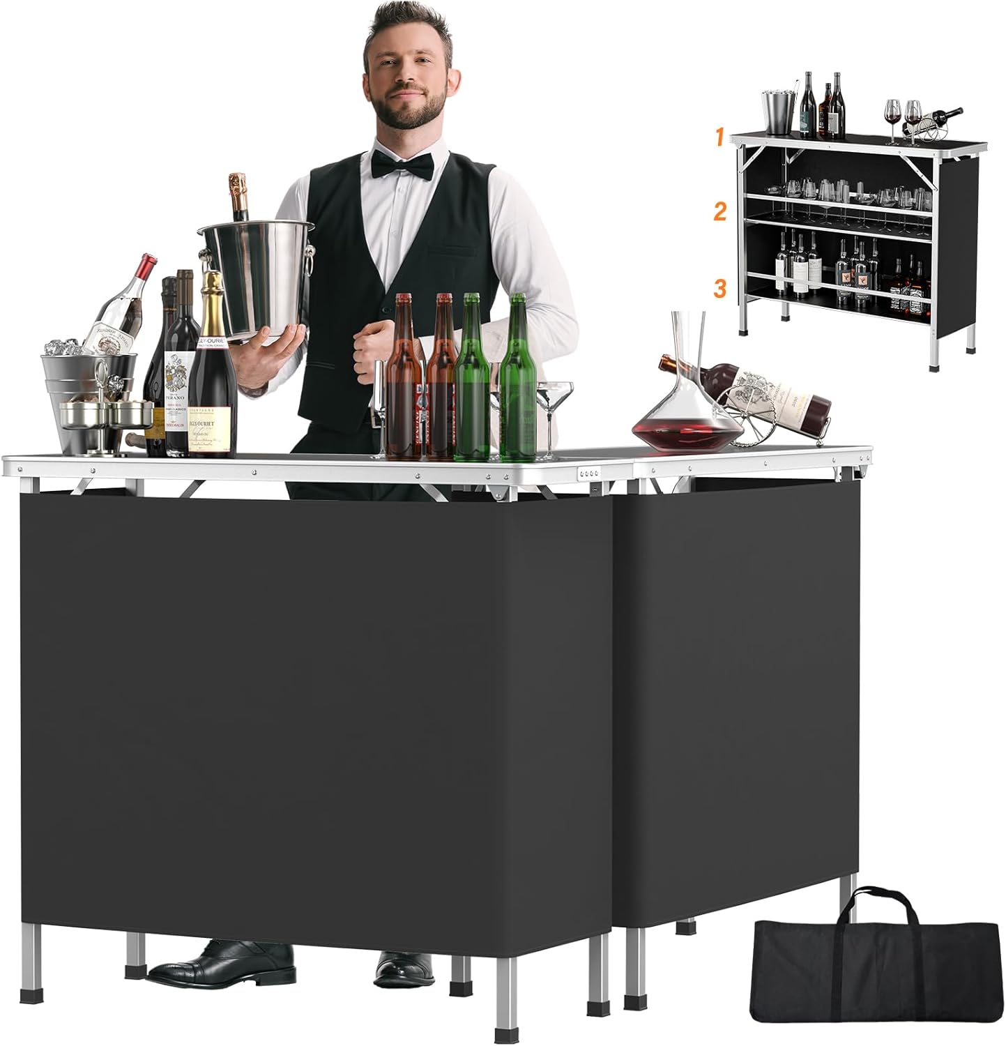 VINGLI 43 Portable Bar Table with 3-Tier Shelves for Events
