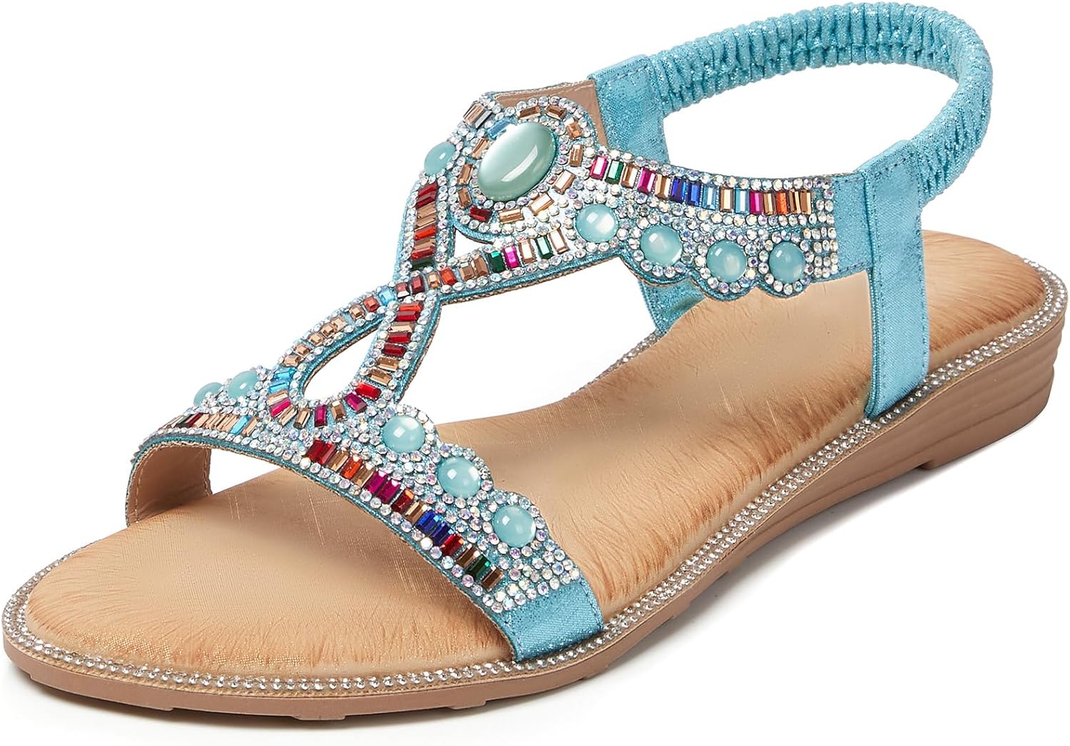 iCKER Women Rhinestone Sandals T-Strap Buckle Bohemian Style