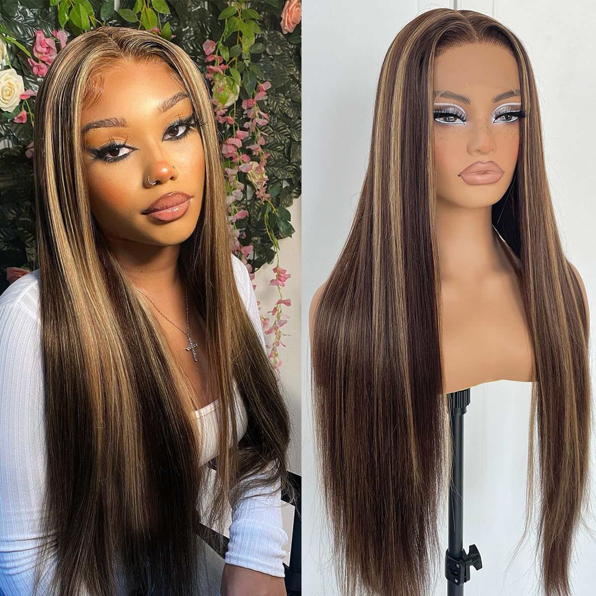 Highlight Ombre Lace Front Wig 32in Long Straight Synthetic Hair