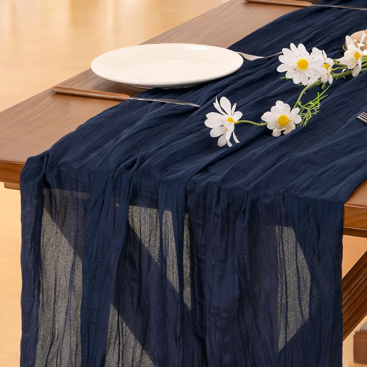 Navy Blue Cheesecloth Table Runner for Rustic Fall Decor