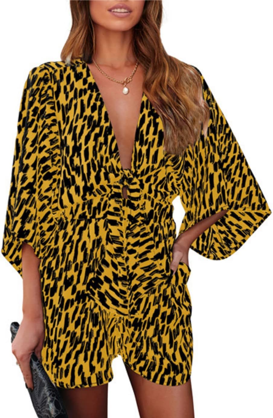 Floral Print Womens Jumpsuit Shorts with Pockets for Summer