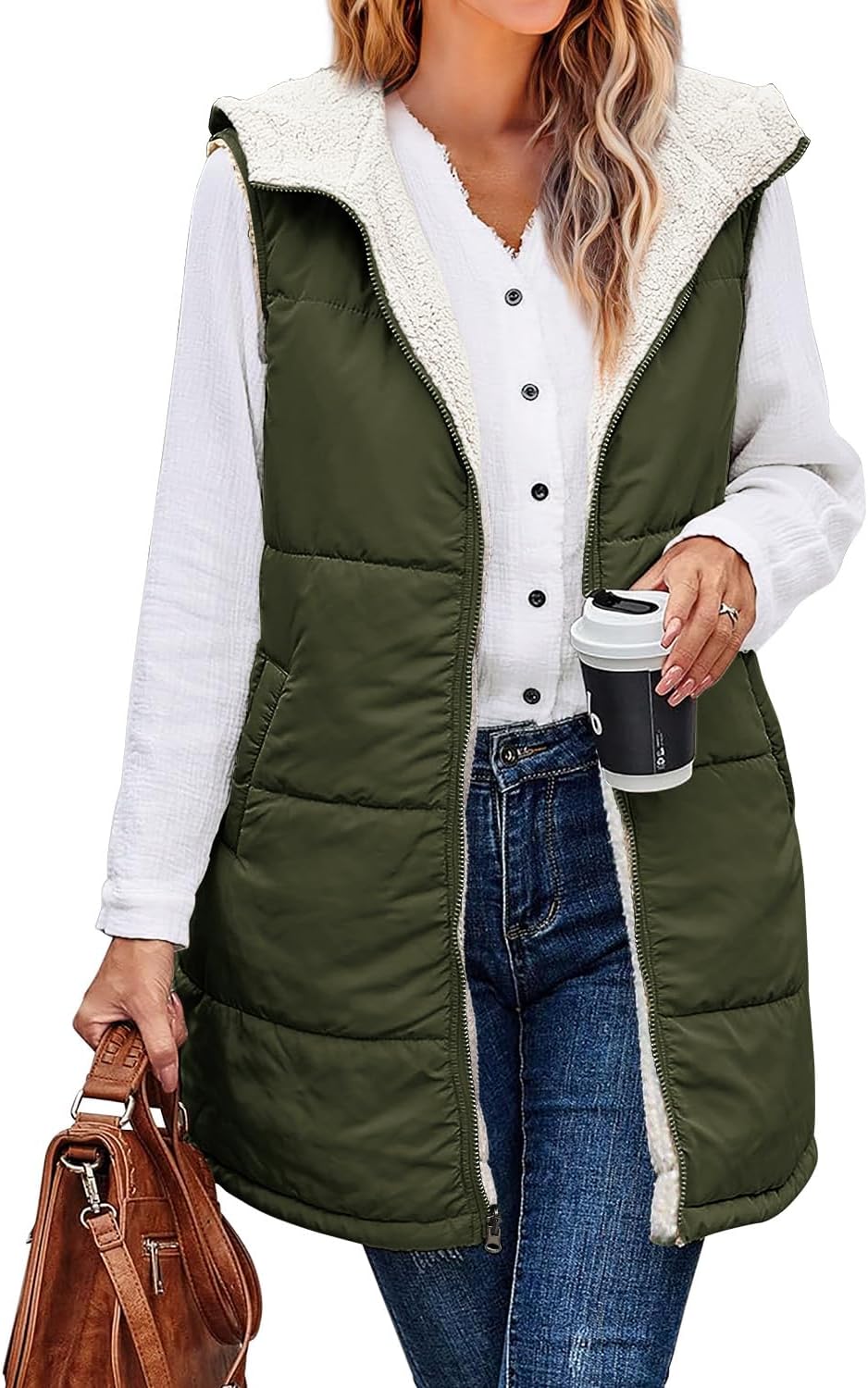 XIEERDUO Long Puffer Vest Women Reversible Fleece for Winter