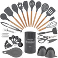 Non Stick Silicone Utensil Set 38 Piece Gray with Bamboo Holder