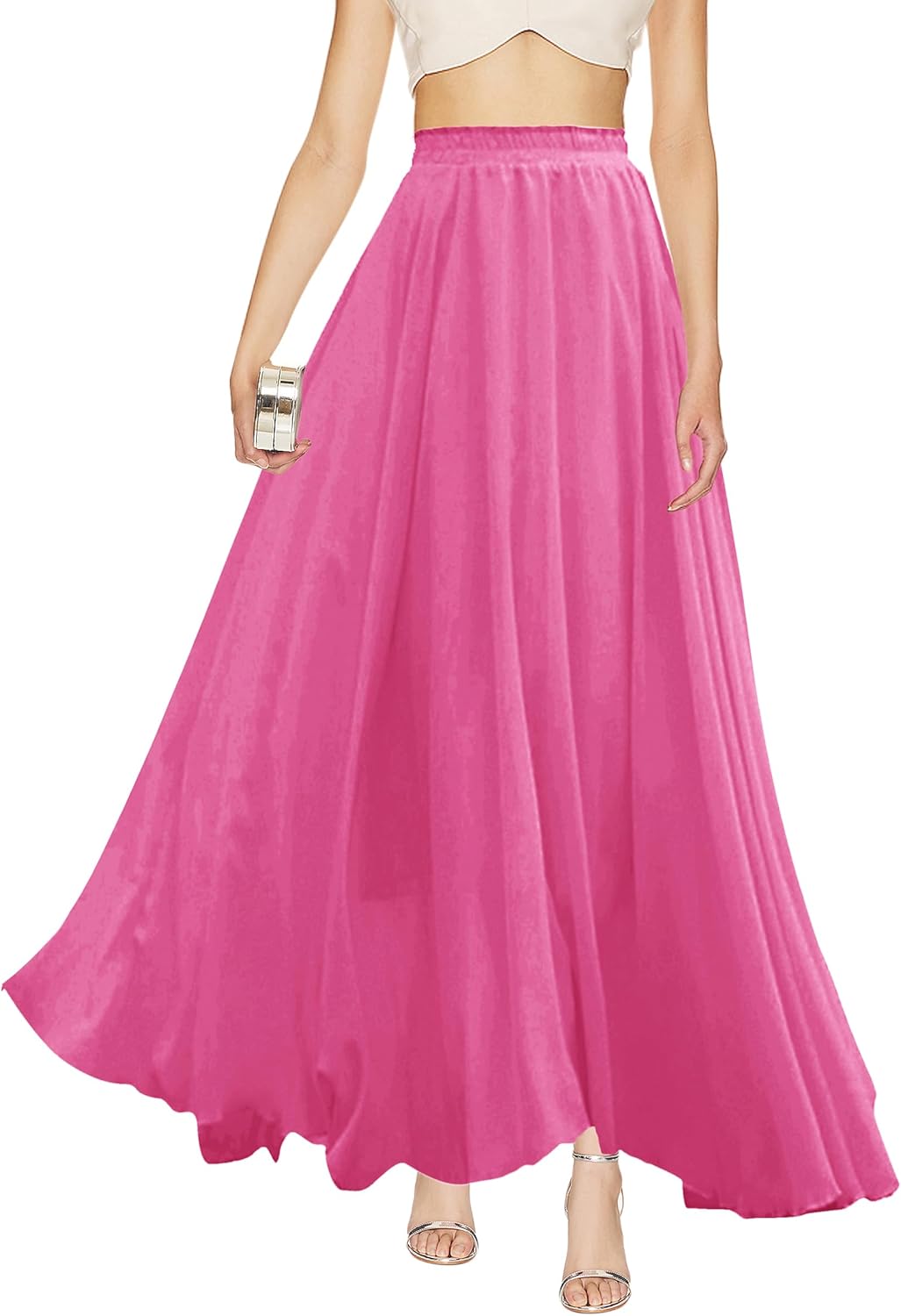 v28 Women Full Length Elastic Pleated Retro Maxi Skirt