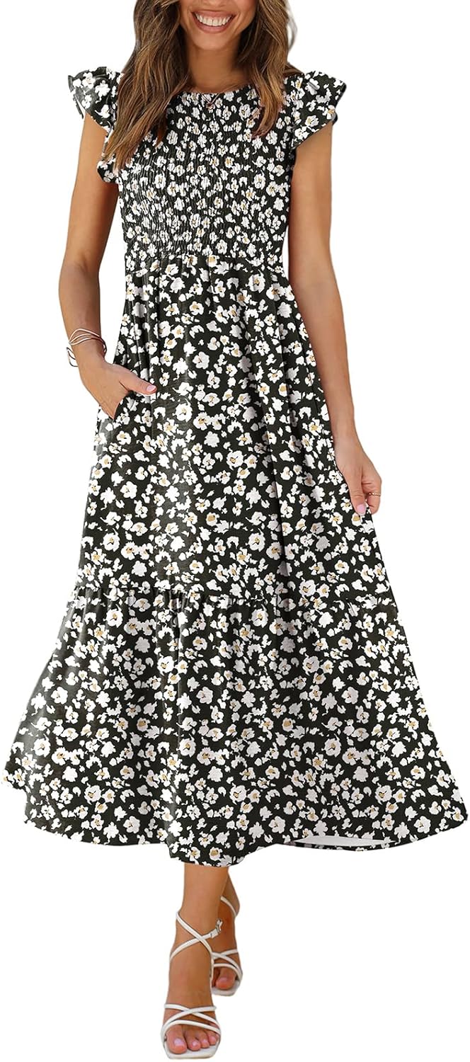 OFEEFAN Women's Casual Maxi Dresses with Pockets and Ruffles