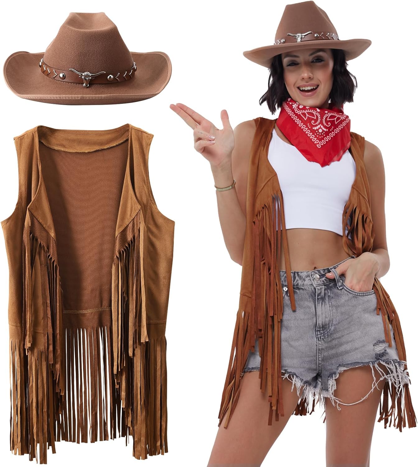 Western Outfits for Women with Cowgirl Tassel Vest and Hat