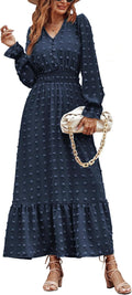 Women Maxi Dress V Neck Swiss Dot Smocked High Waist - Flowy Fall