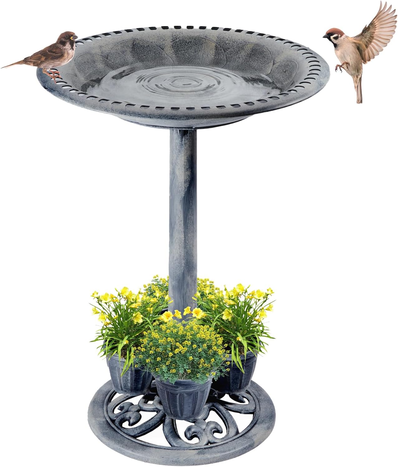 Bird Bath for Outside with 4 Removable Flower Planters 28in
