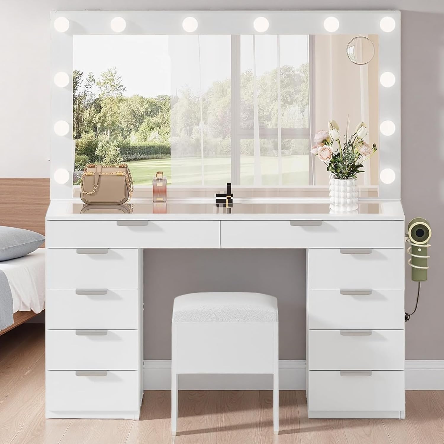 YITAHOME 46in Glass Top Vanity Desk with LED Mirror and Bulbs