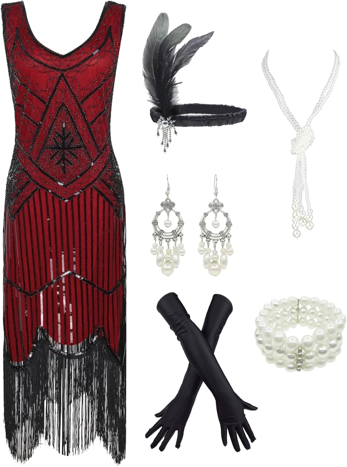 1920s Gatsby Sequin Fringed Flapper Dress with Accessories Set