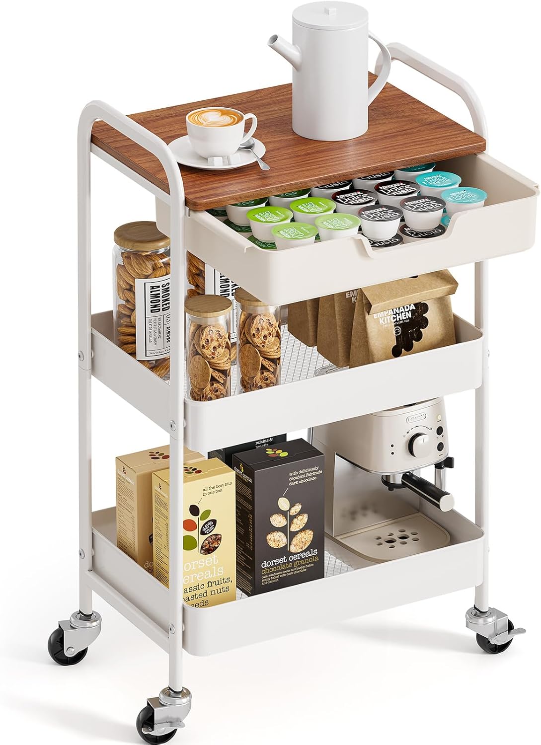 TOOLF 3-Tier Metal Utility Rolling Cart with Drawer & Top
