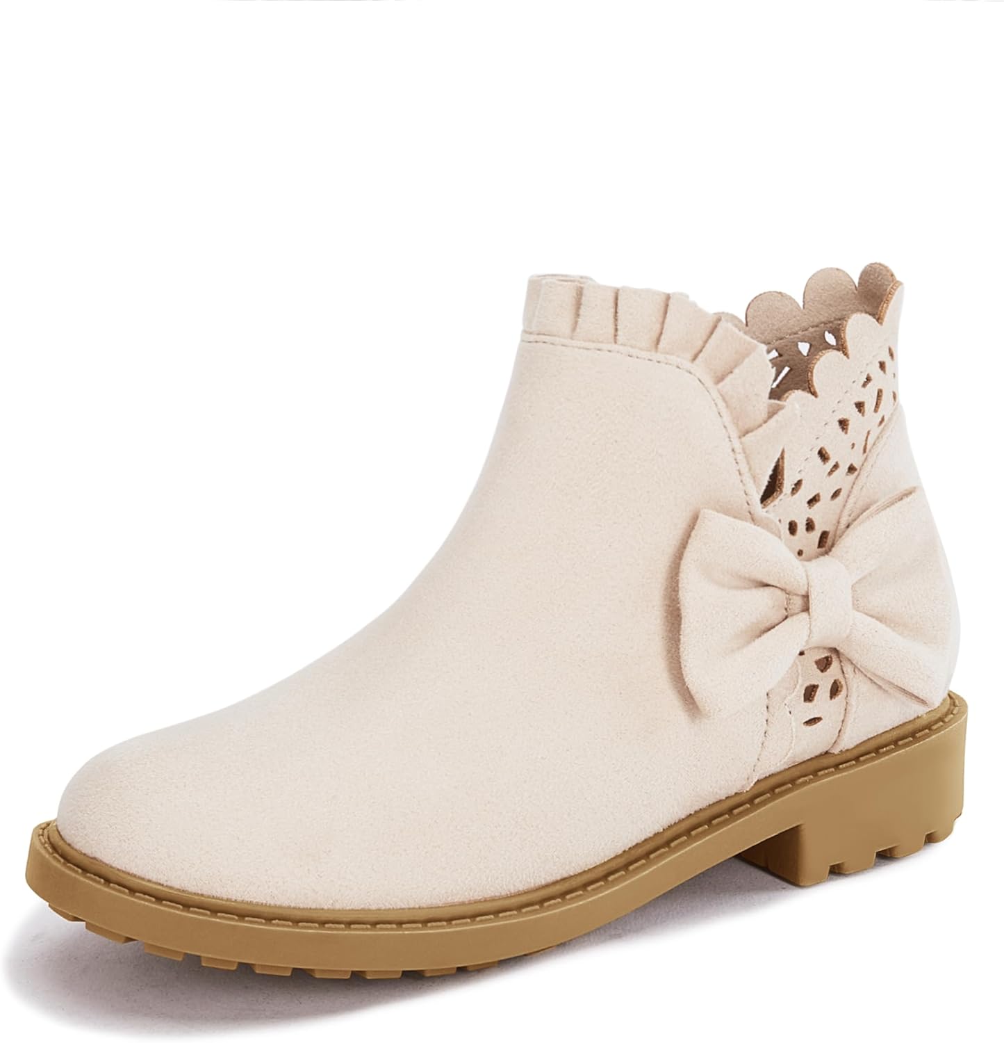 Coutgo Girls Bow Ankle Boots with Ruffled Chunky Heel Style