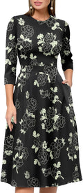 Women's Floral Vintage Midi Evening Dress with 3/4 Sleeves - Elegant