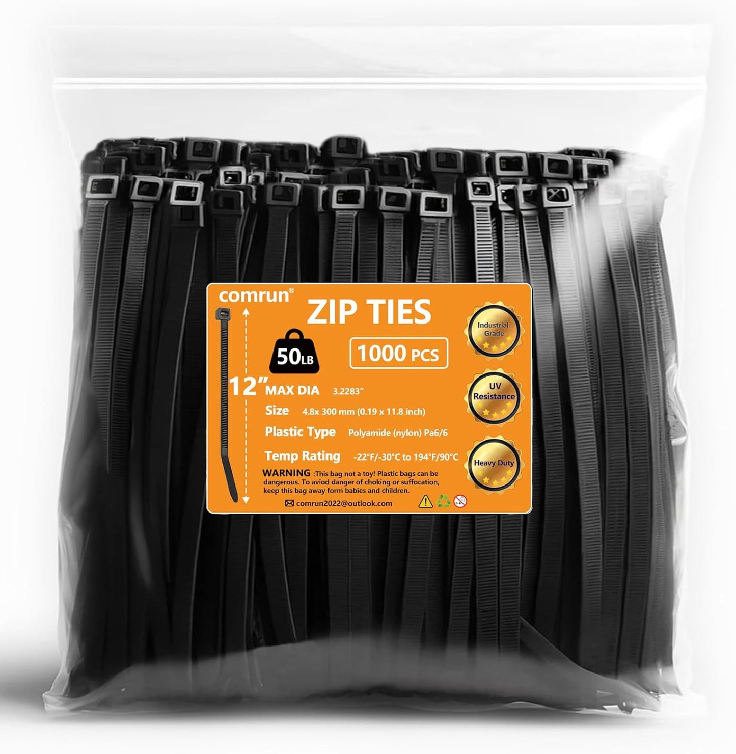 COMRUN 1000pc 12 Black Nylon Zip Ties - Heavy Duty, 50lbs Strength, UV Resistant