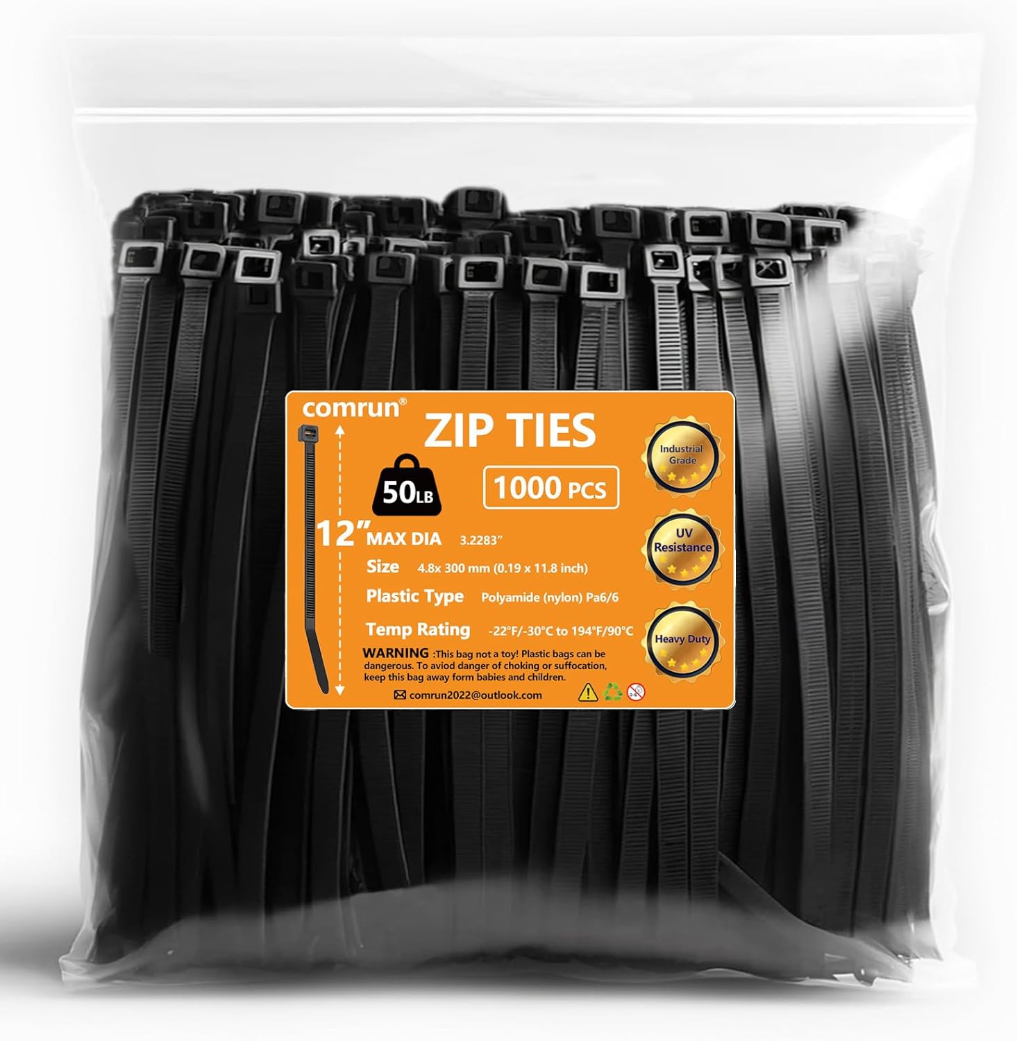 COMRUN 1000pc 12 Black Nylon Zip Ties - Heavy Duty, 50lbs Strength, UV Resistant