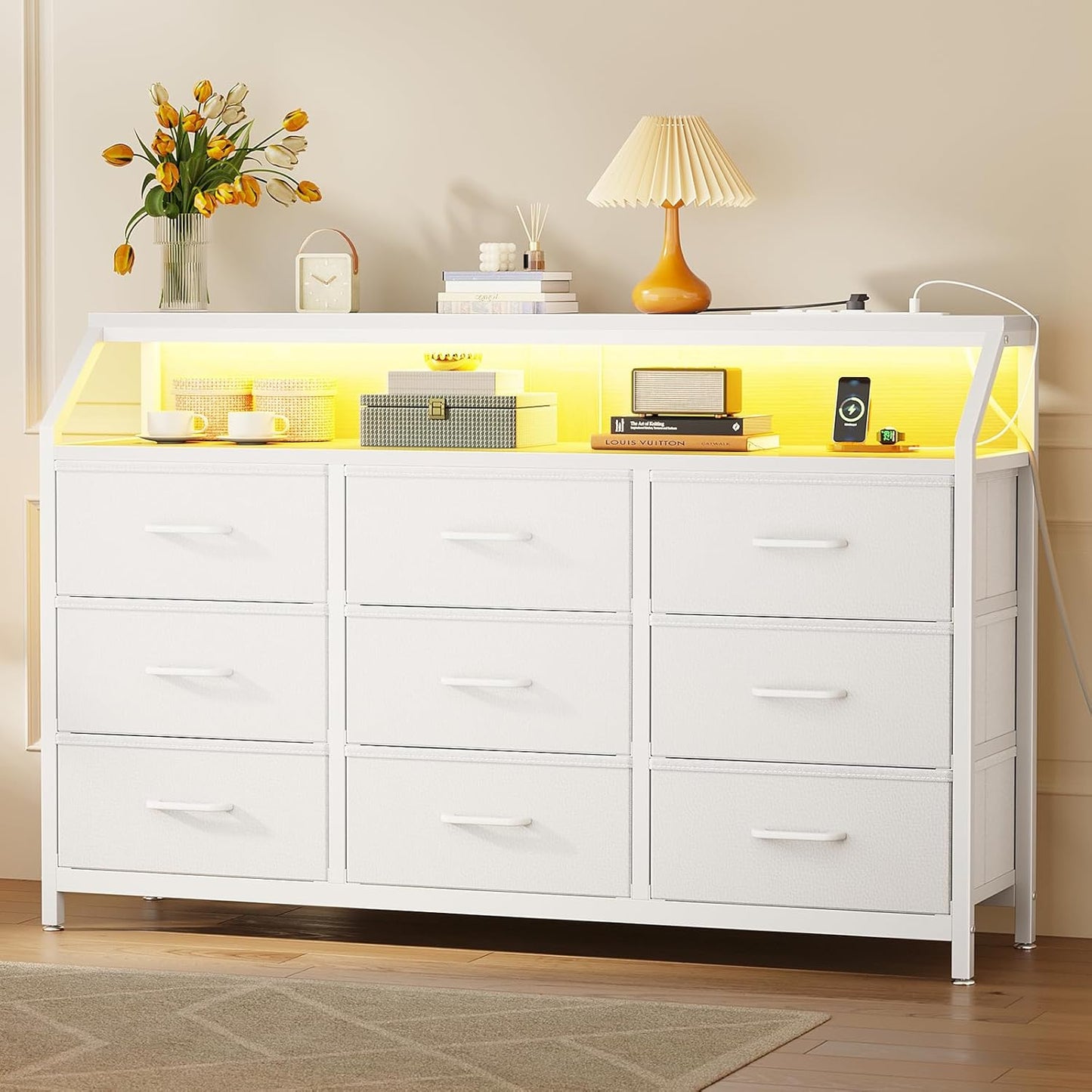 KKL 9 Drawer Dresser with LED Lights and Charging Station