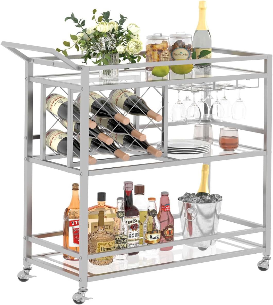 Silver Rolling Bar Cart with Mirrored Shelves - Luxe Home Bar Essential