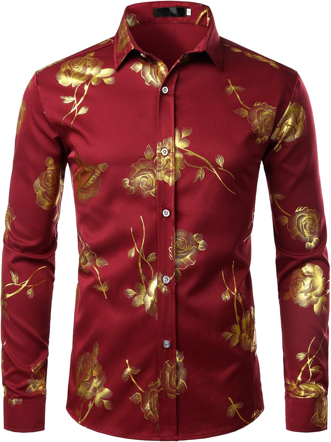 ZEROYAA Mens Hipster 3D Golden Rose Floral Printed Dress Shirt