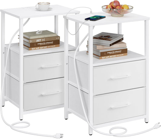 TUTOTAK End Table with Charging Station and Fabric Drawers