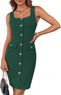 Women's Buttons Belted Square Neck Business Midi Dress - Sleek Fit
