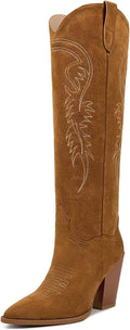 ISNOM Women's Cowgirl Knee High Boots - Western Style with Chunky Heel