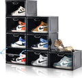 8 Pack Shoe Boxes Black Plastic Stackable - Clear Front, Large Storage
