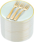 Festiva Sage Green 200pc Dessert Plates with Gold Forks - Elegant
