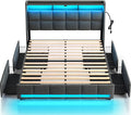 Queen Size Bed Frame with LED Lights and Charging Station - Storage