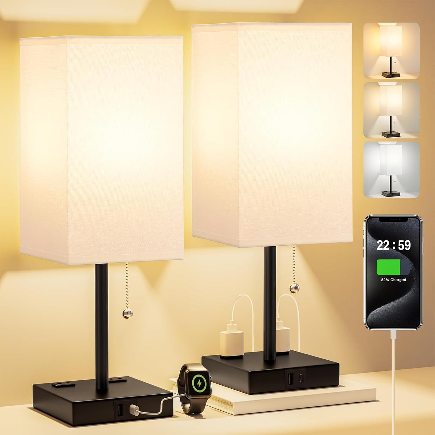 17.4In Tall Table Lamps Set of 2 with USB Ports and Outlets