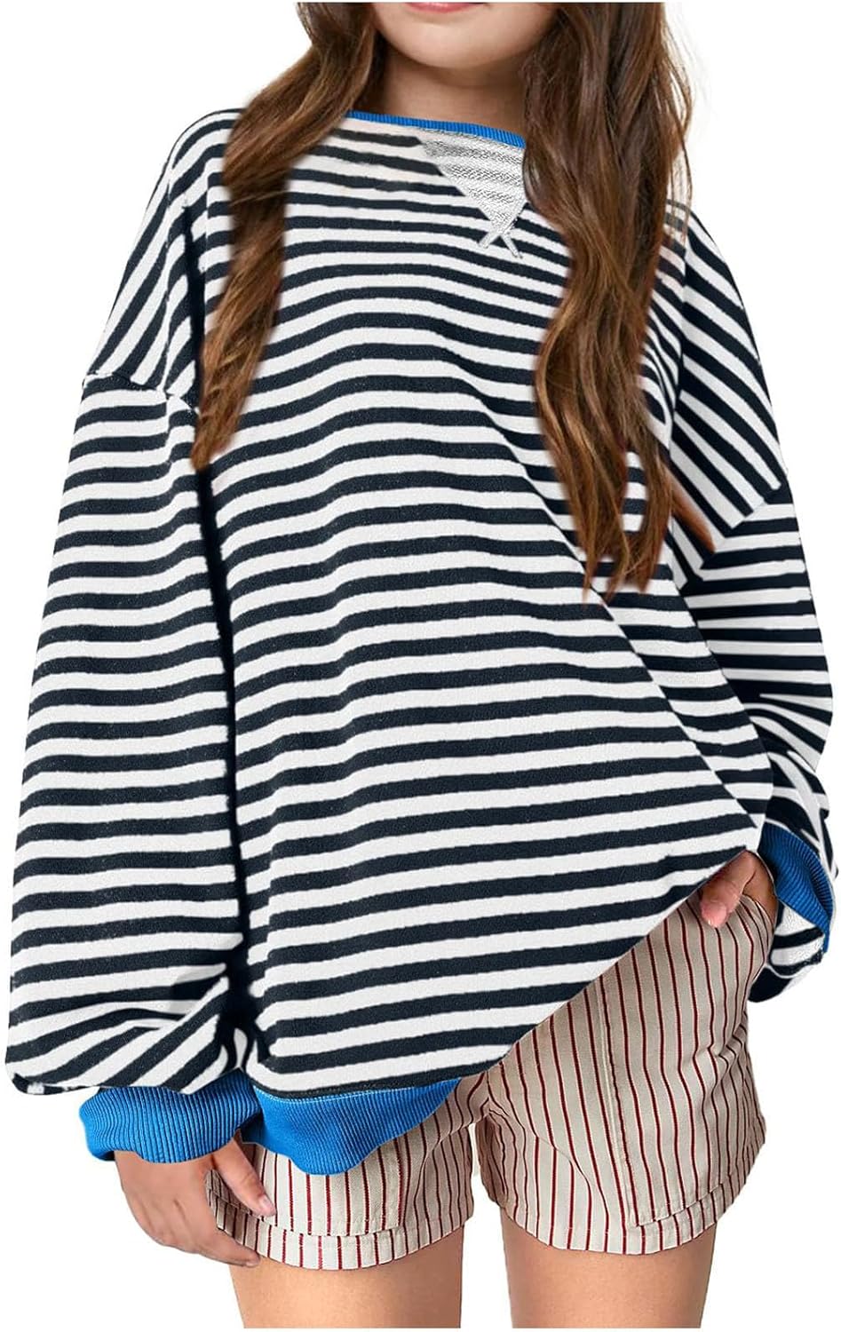 EWASWON Cute Oversized Striped Sweatshirt