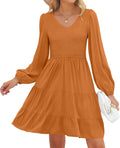 Womens V Neck Long Sleeve Smocked High Waist Ruffle Tiered Mini Dress