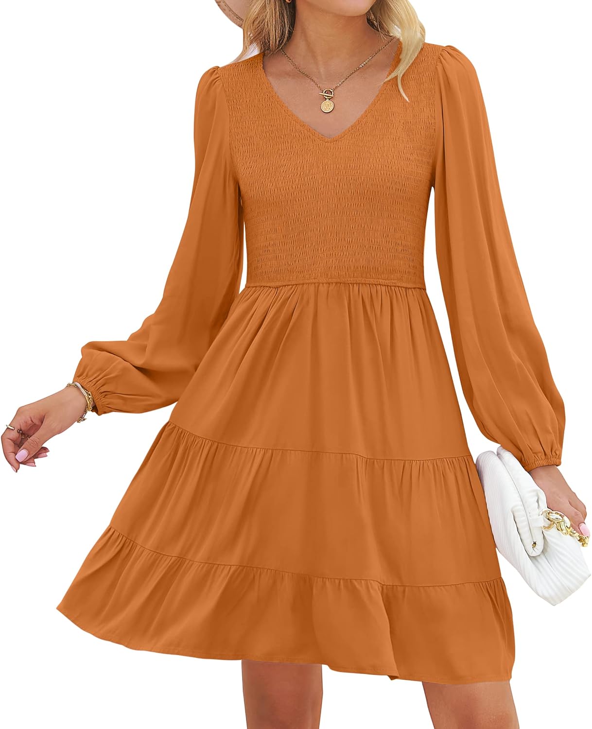 ZESICA Women's Casual V Neck Long Sleeve Ruffle Mini Dress