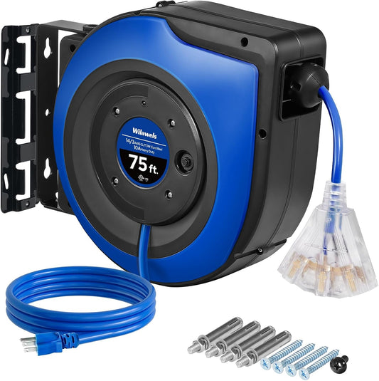 75FT Heavy Duty Retractable Cord Reel with 3 Outlets and Breaker