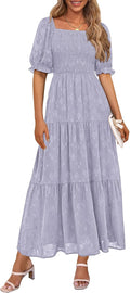 Women's Midi Smocked Floral Dress with Square Neck - Flowy Boho