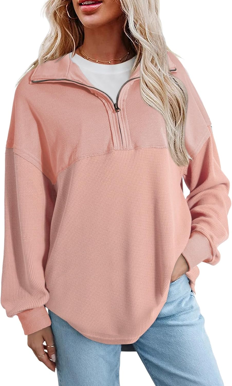 SHEWIN Womens Fall Sweatshirt Casual Waffle Knit Half Zip Pullover