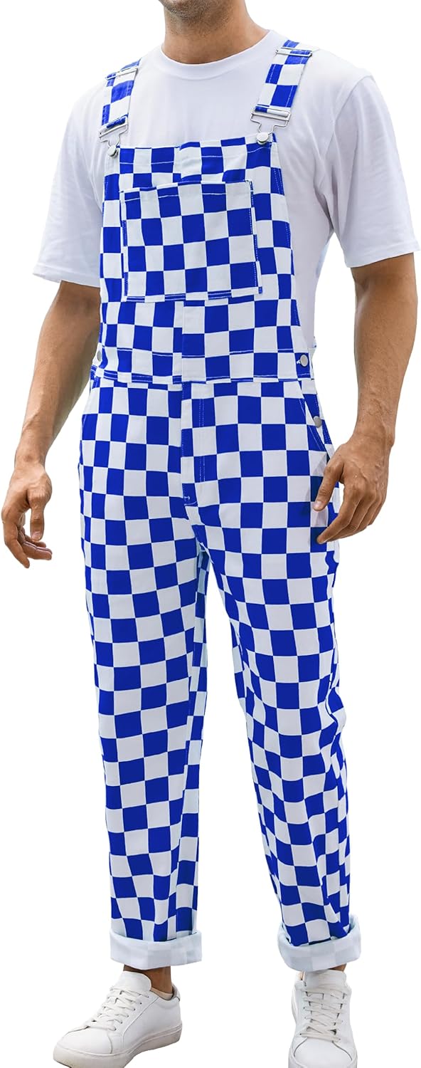 Stylish Blue and White Checkered Pants for Men - Trendy Overalls