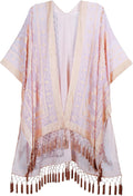 Burnout Velvet Kimono Long Cardigan with Tassel - Versatile Layer