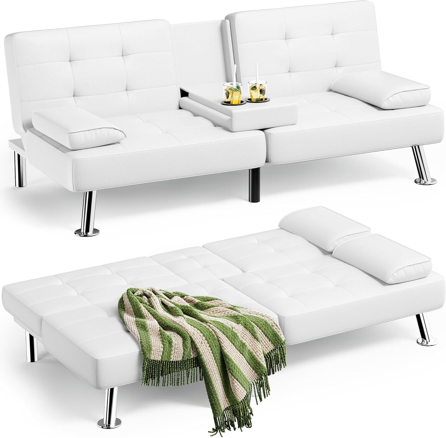 Homall Futon Sofa Bed: Stylish Leather Couch with Dual Cup Holders