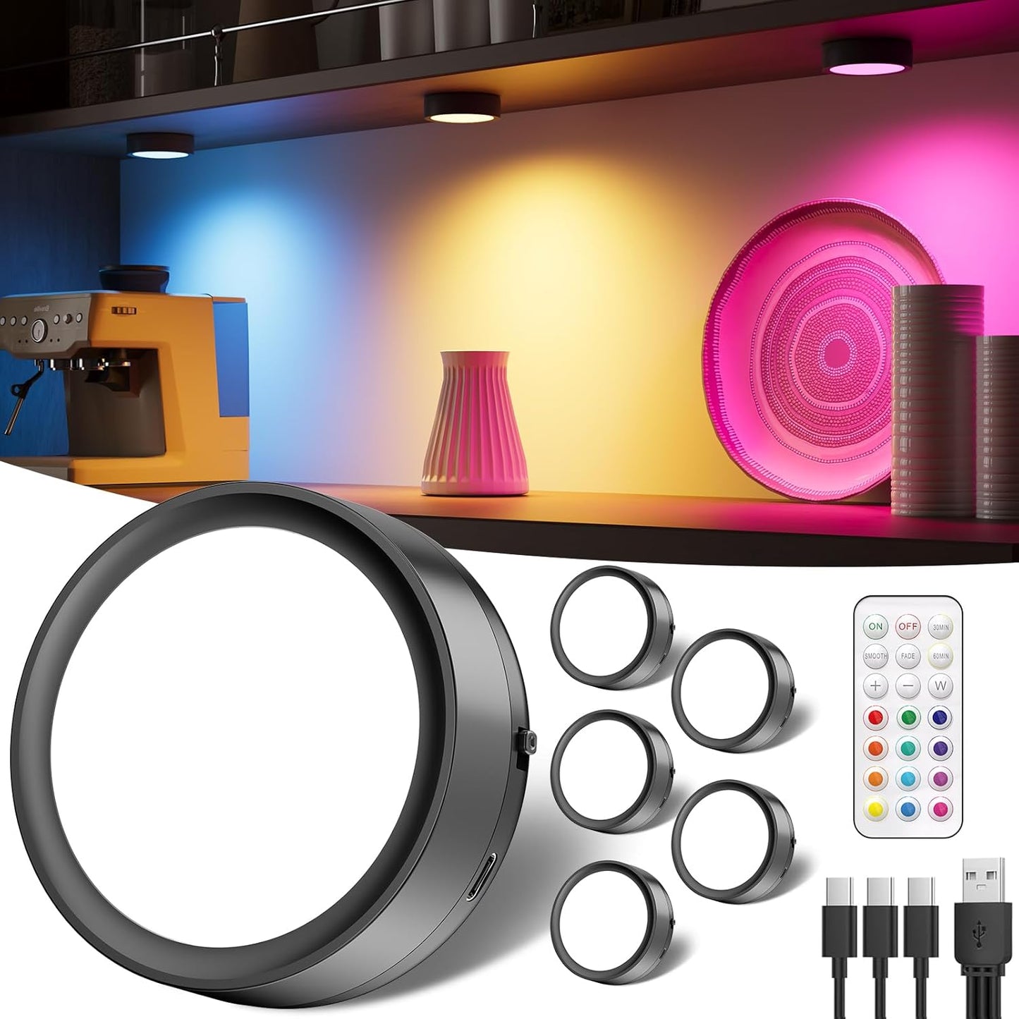 USB Rechargeable RGB Puck Lights with Remote for Versatile Lighting