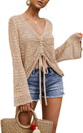 Women Crochet Beach Cover Up Drawstring Shirt - Lightweight Lace Up