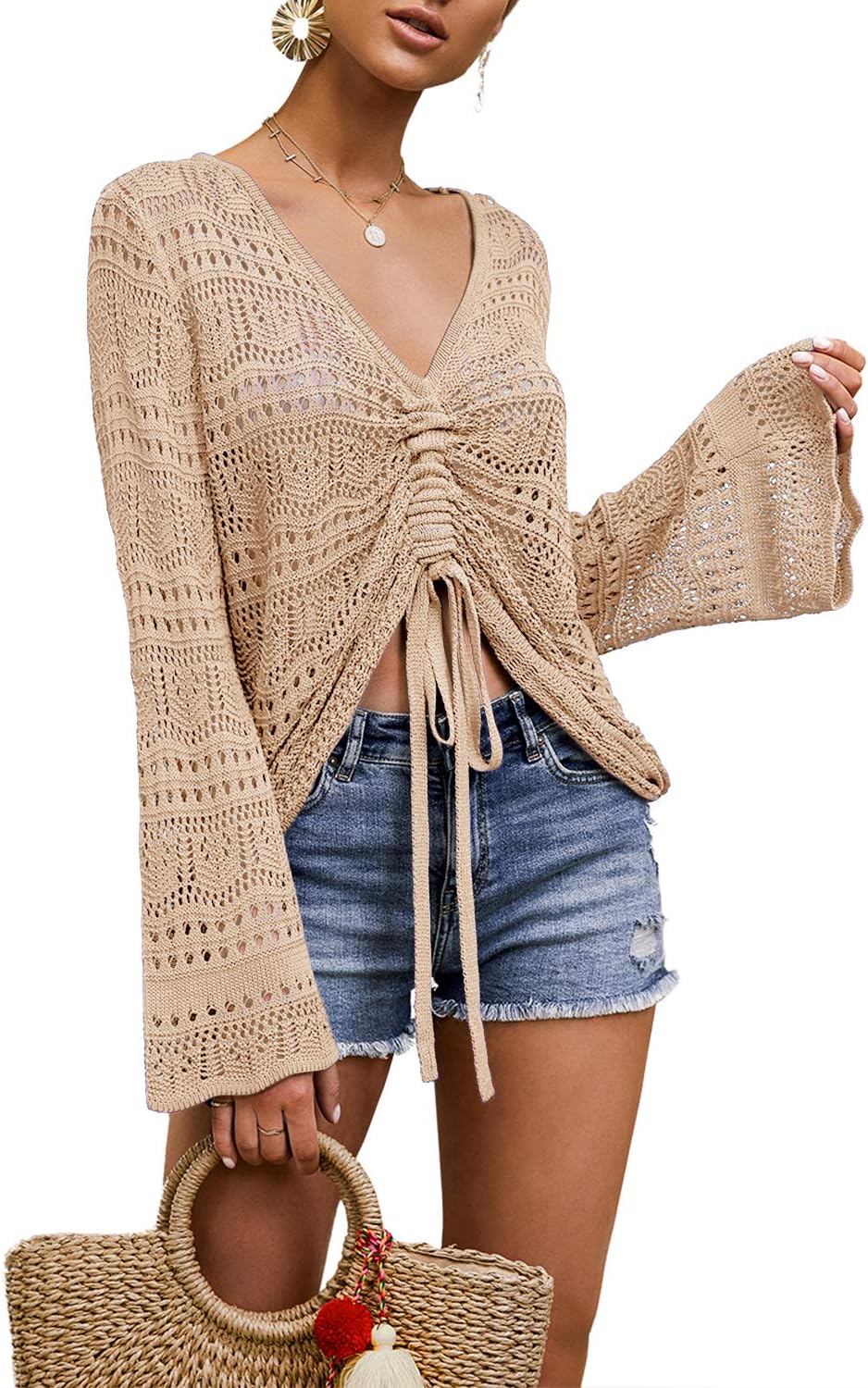 FERBIA Women Crochet Top Beach Cloth Drawstring Shirt Cover Up