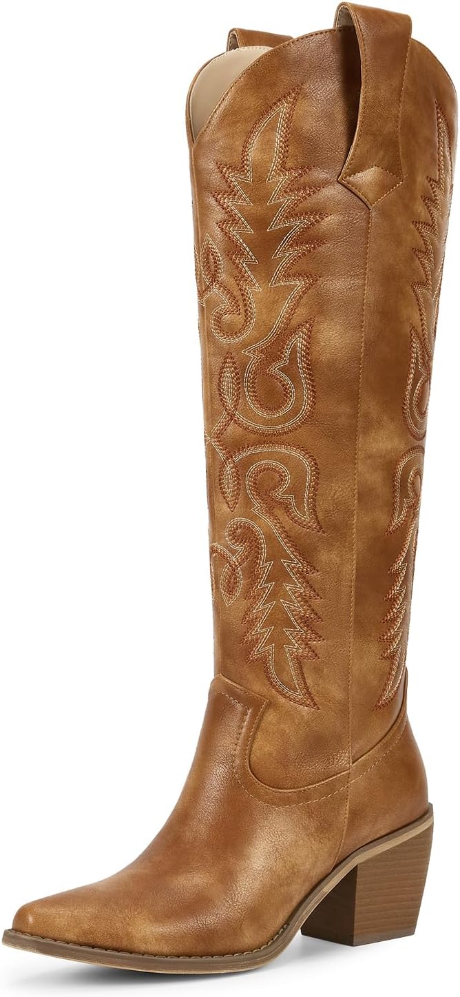 Stylish Knee High Cowboy Boots with Vintage Embroidery Design