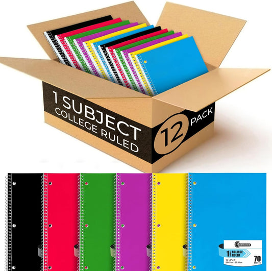 College Ruled Spiral Notebook 12 Pack - Bulk Assorted Colors 70 Sheets