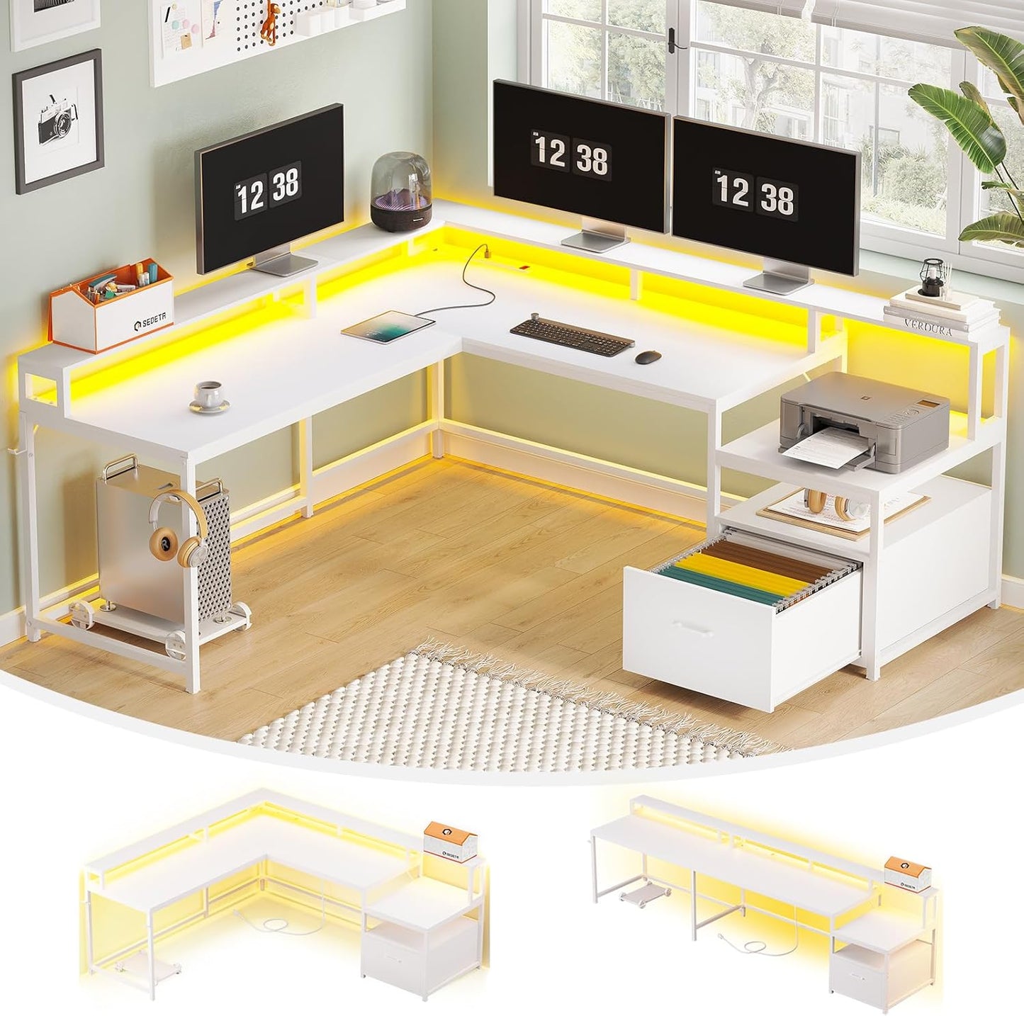 SEDETA White L Shaped Gaming Desk with LED Lights and Storage