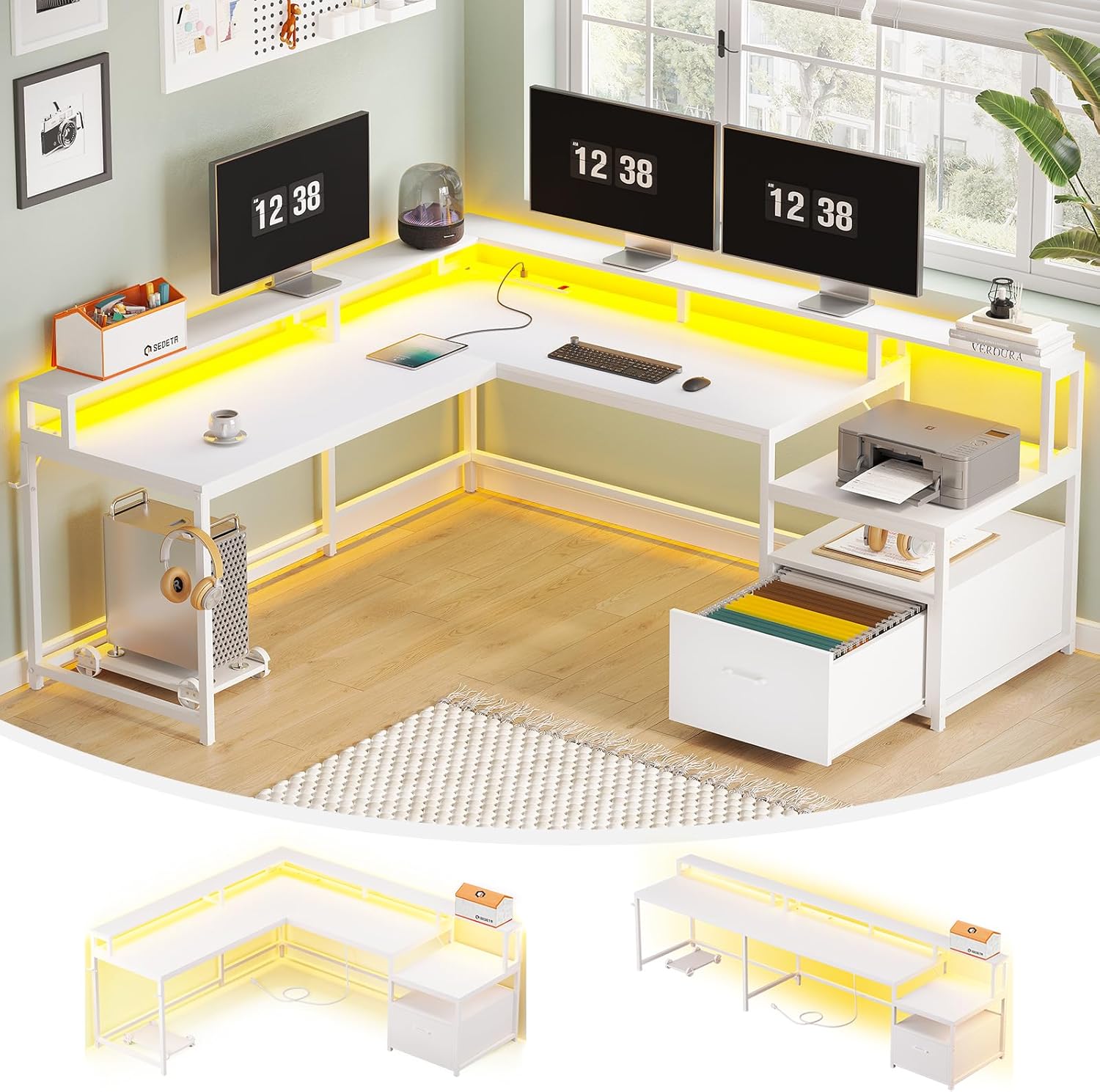 SEDETA White L Shaped Gaming Desk with LED Lights and Storage