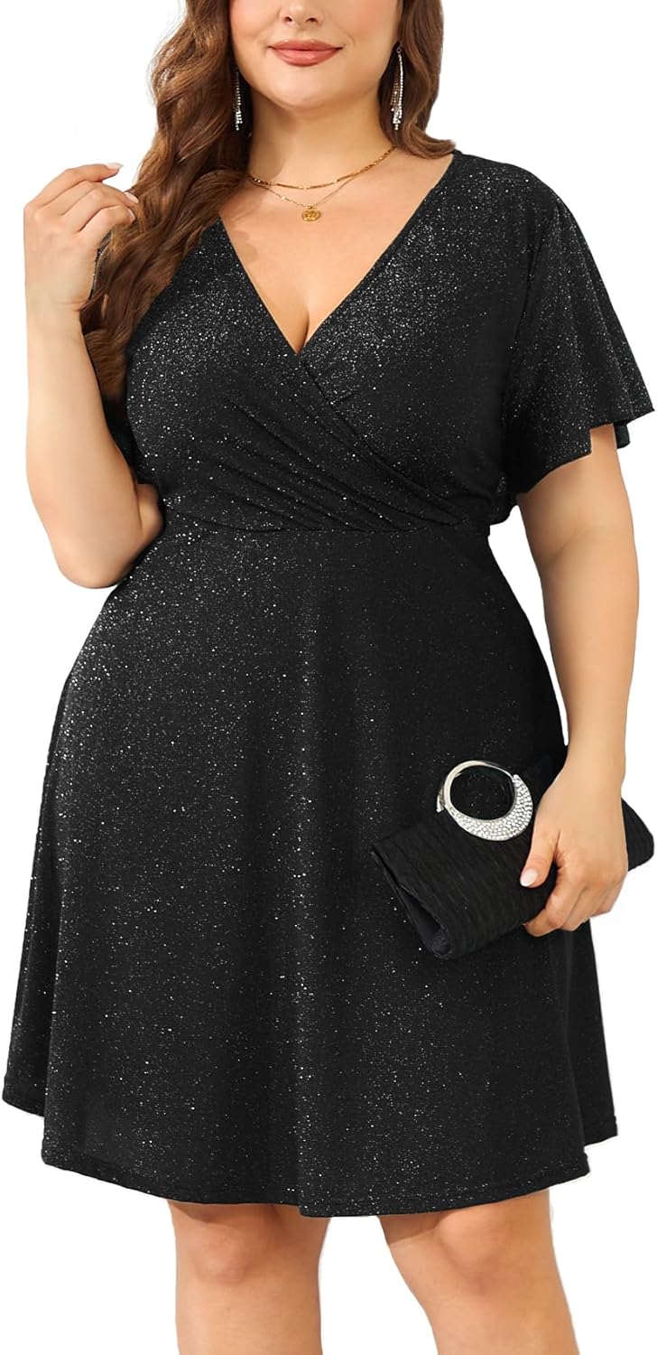 ZOMVA Plus Size Sparkly Glitter Wrap V Neck Mini Dress