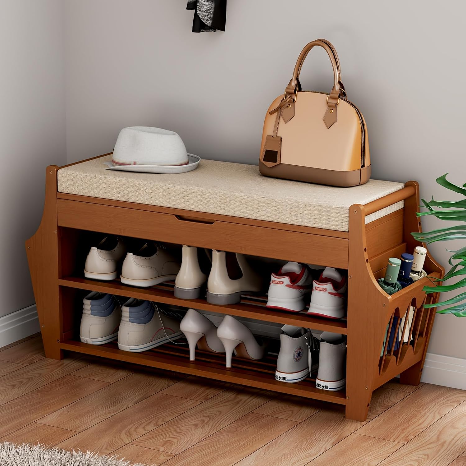 34.3in Bamboo Shoe Bench with Storage for Entryway and More