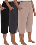 Women's Plus Size Cotton Capri Pants 3-Pack - High Waisted Wide Leg